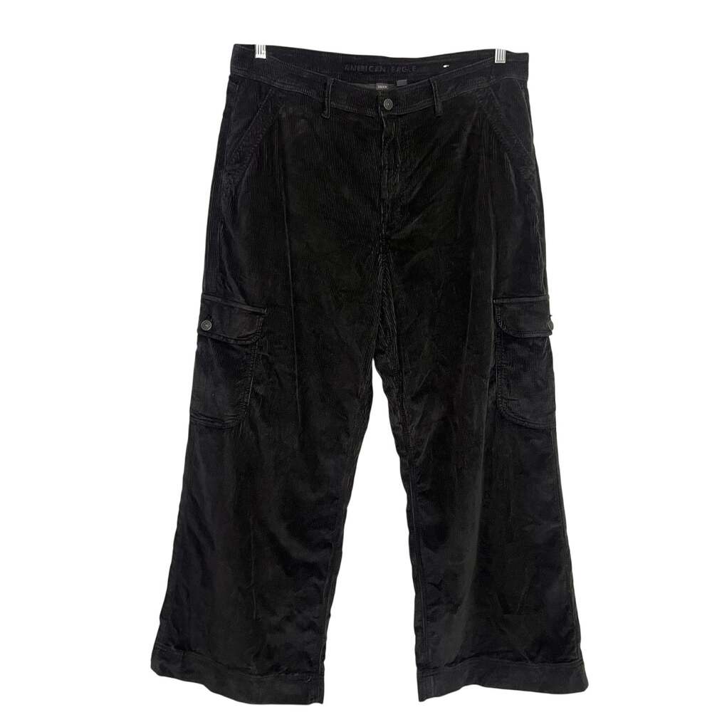 American Eagle Womens Size 18 Short Black Corduroy Cargo Wide Leg Pants NWT